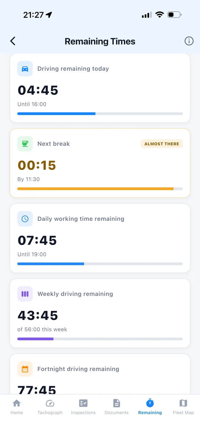Remaining times screen